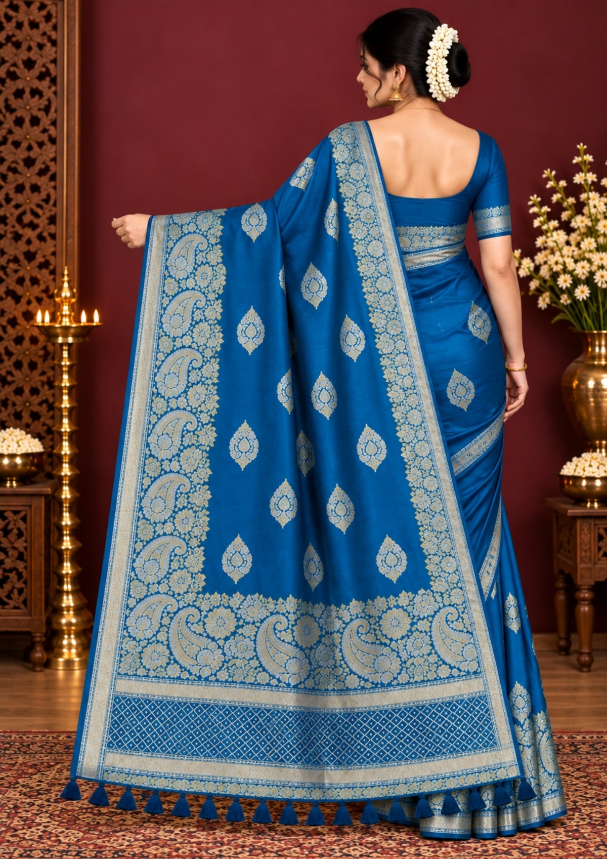 Rithvi Satin Aqua blue color adorned with intricate golden zari embroidery