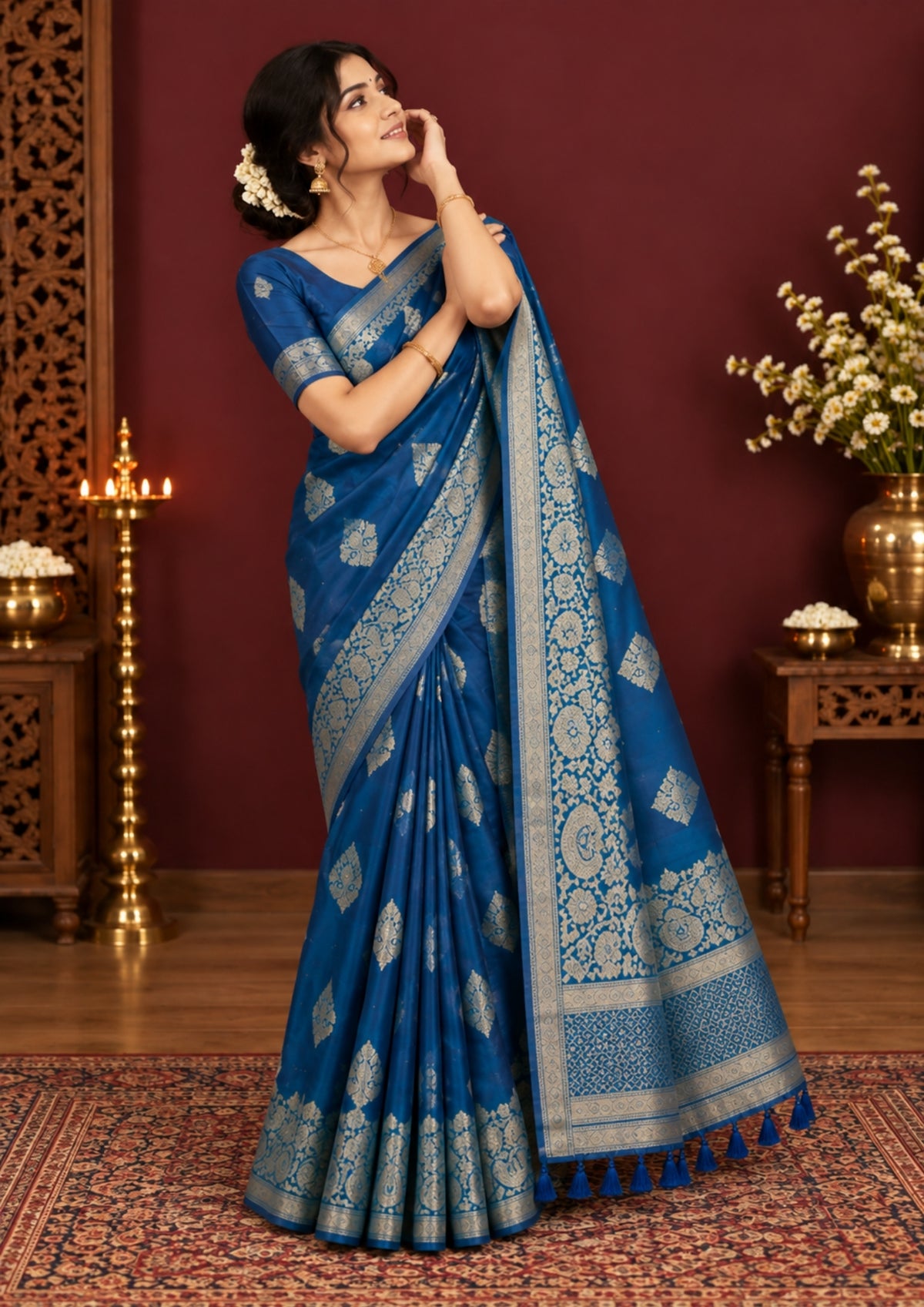 Rithvi Satin Aqua blue color adorned with intricate golden zari embroidery