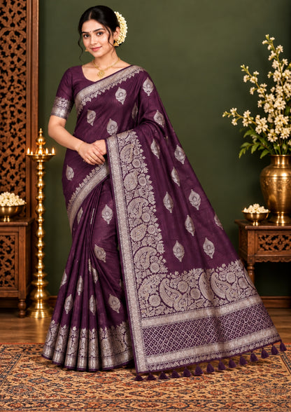 Rithvi Satin Deep plum shade color adorned with intricate golden zari embroidery