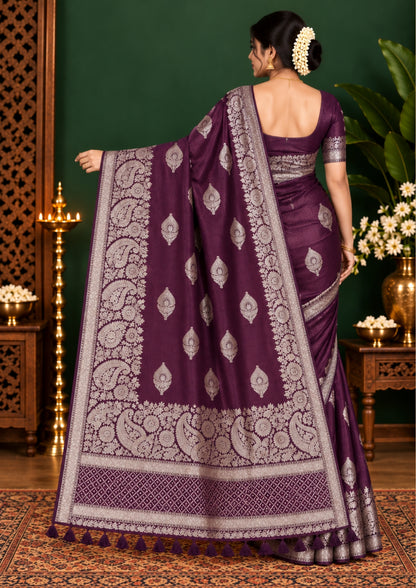 Rithvi Satin Deep plum shade color adorned with intricate golden zari embroidery