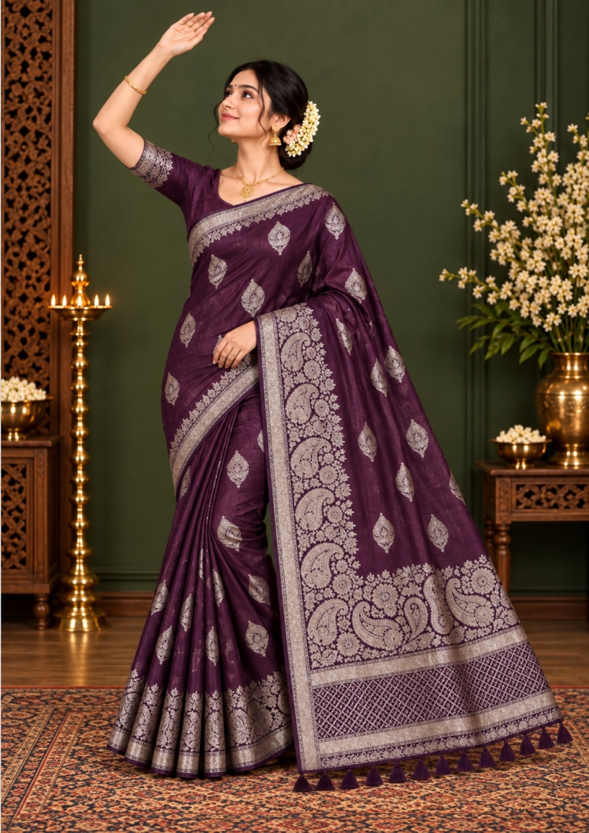 Rithvi Satin Deep plum shade color adorned with intricate golden zari embroidery