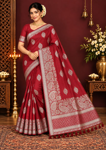 Rithvi Satin Deep red color adorned with intricate golden zari embroidery