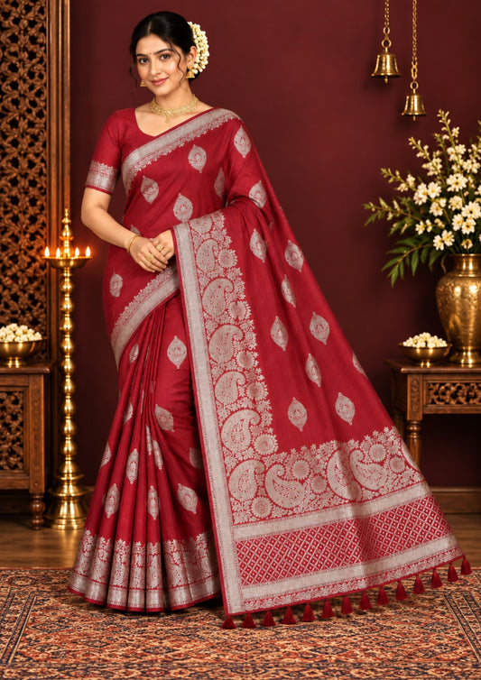 Rithvi Satin Deep red color adorned with intricate golden zari embroidery
