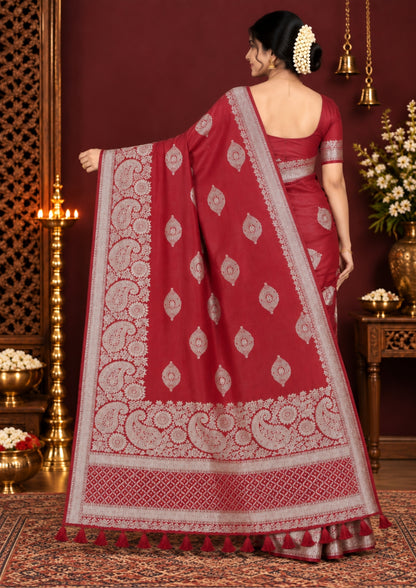 Rithvi Satin Deep red color adorned with intricate golden zari embroidery