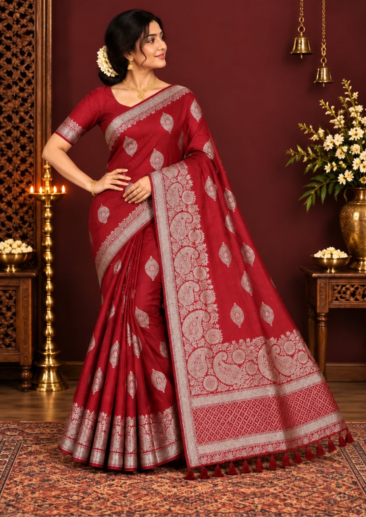 Rithvi Satin Deep red color adorned with intricate golden zari embroidery