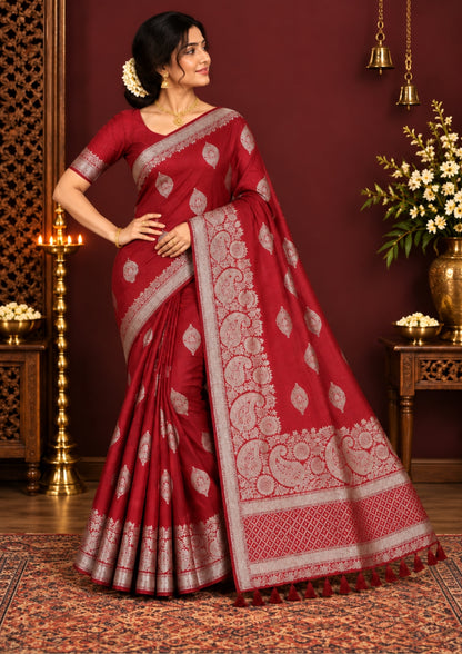Rithvi Satin Deep red color adorned with intricate golden zari embroidery