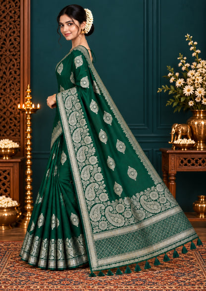 Rithvi Satin Emerald-green shade color adorned with intricate golden zari embroidery