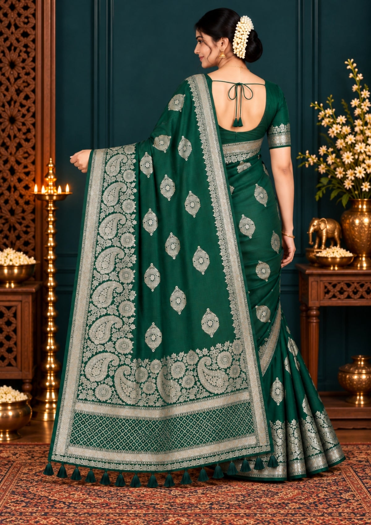 Rithvi Satin Emerald-green shade color adorned with intricate golden zari embroidery