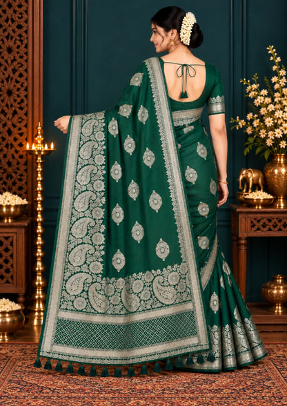 Rithvi Satin Emerald-green shade color adorned with intricate golden zari embroidery