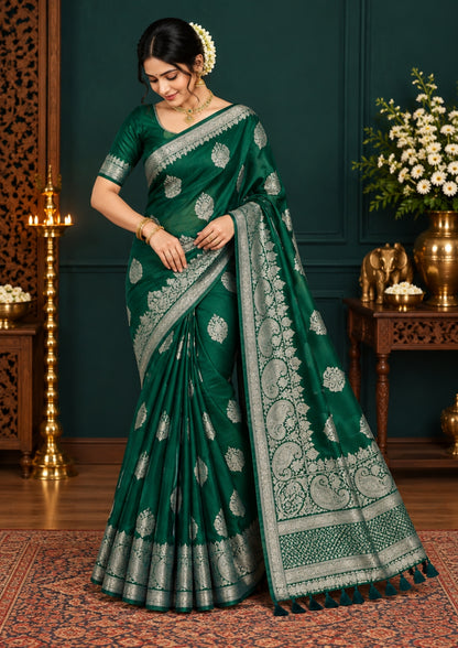 Rithvi Satin Emerald-green shade color adorned with intricate golden zari embroidery