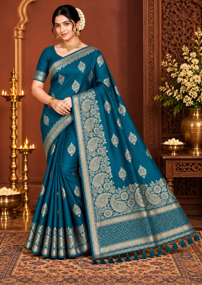 Rithvi Satin Teal blue color adorned with intricate golden zari embroidery