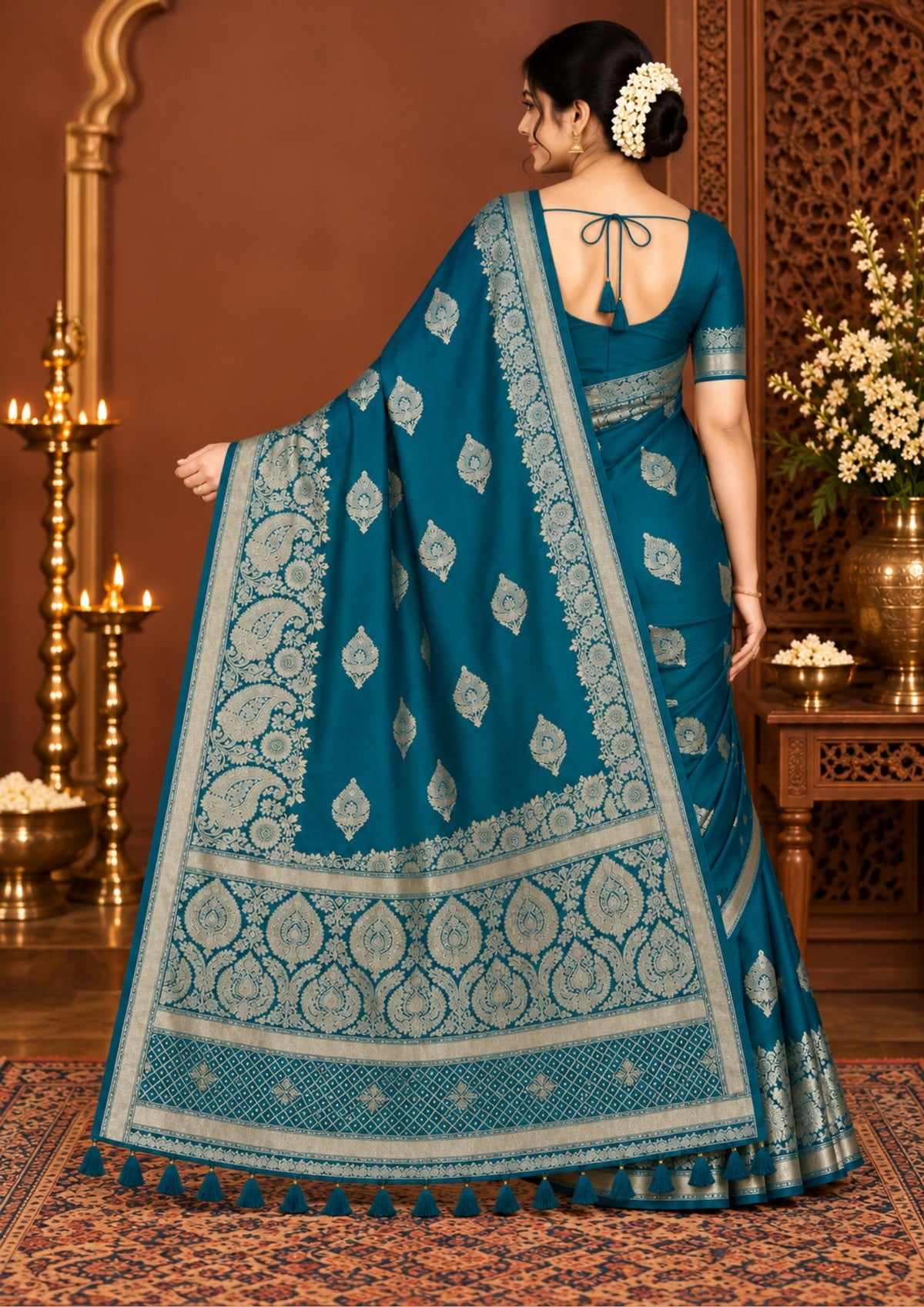 Rithvi Satin Teal blue color adorned with intricate golden zari embroidery