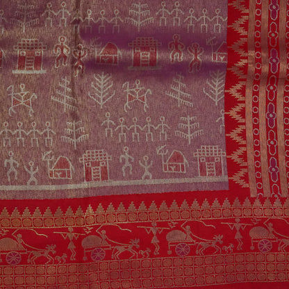 Crimson Red Stravi Silk with lavender - pink pallu and Gold Zari