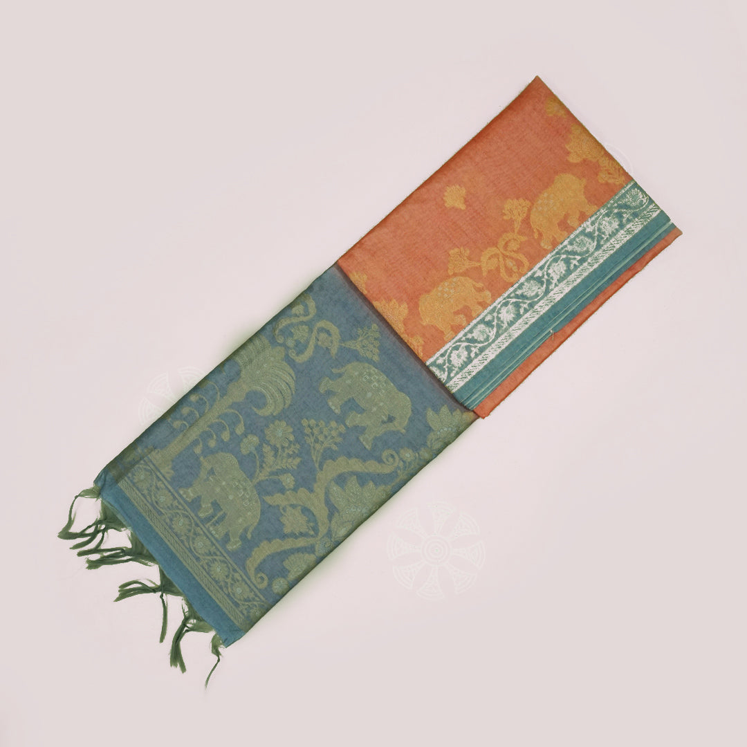 Coral Pink Ambari Silk Tussar with Zari works