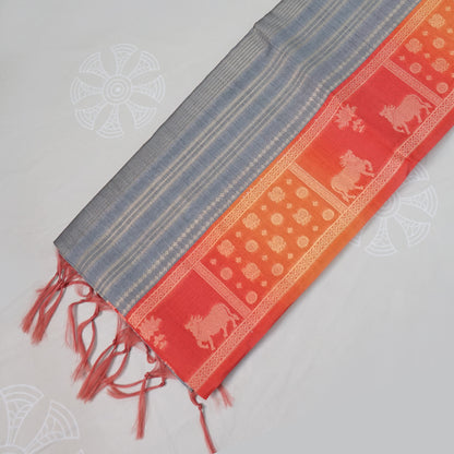 Subtle Grey Gokul Tussar with Red and Orange border.