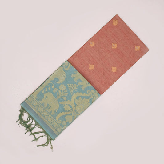 Sandy Amber Ambari Silk Tussar with Seafoam Blue border