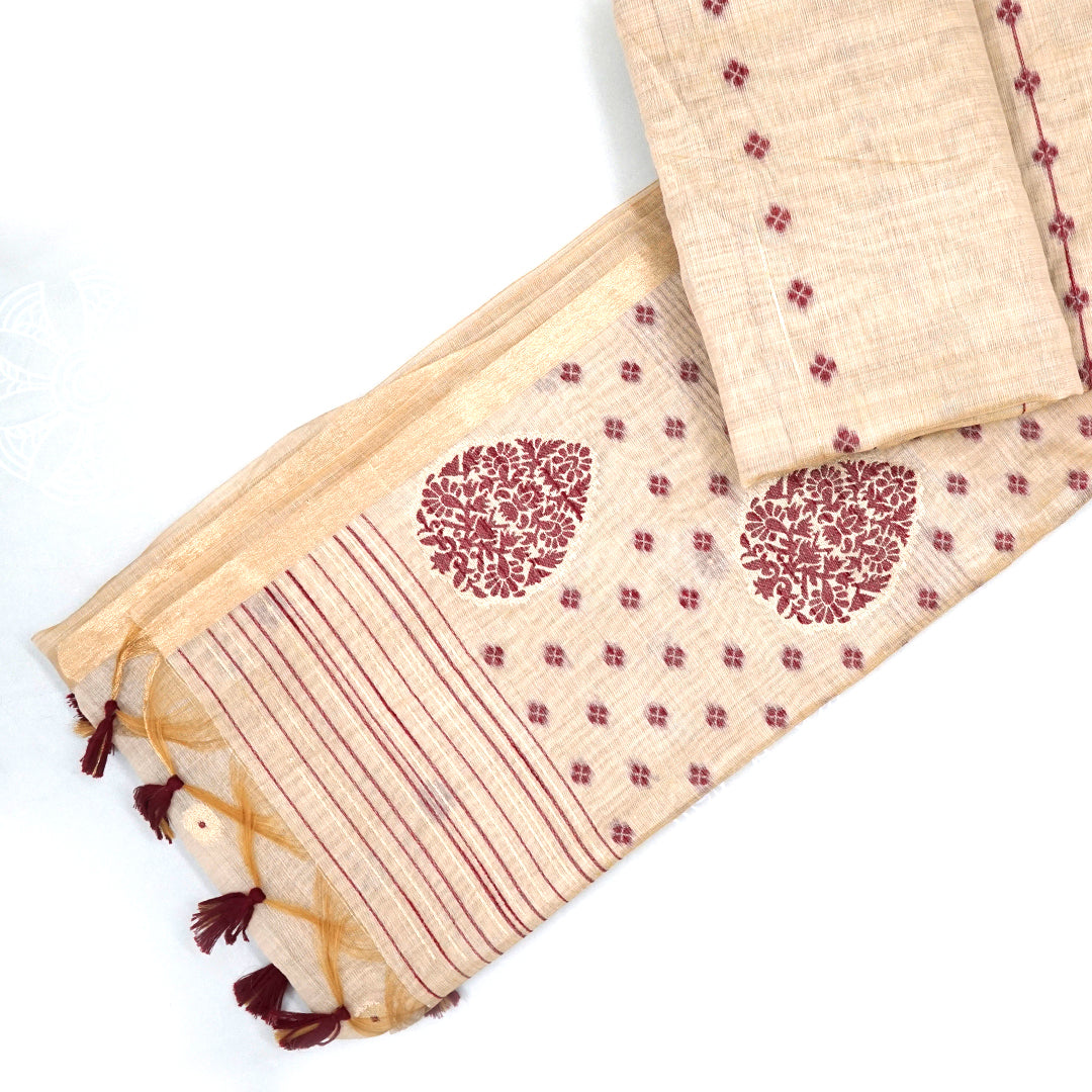 Beige Ishvani Tussar saree with Maroon tassels