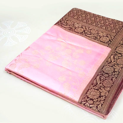 Soft Rose Mahalakshmi Viscose saree with Deep Maroon contrast