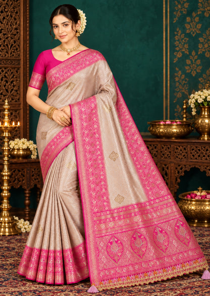 Royal lavender-pink Raj Virasat silk saree with floral motifs and zari works