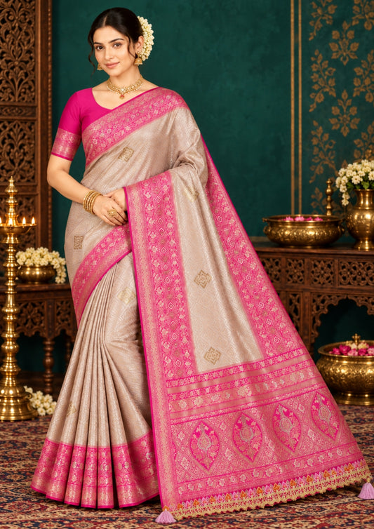 Royal lavender-pink Raj Virasat silk saree with floral motifs and zari works