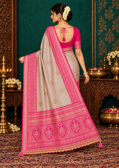 Royal lavender-pink Raj Virasat silk saree with floral motifs and zari works