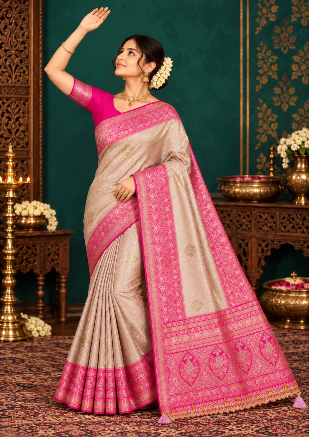 Royal lavender-pink Raj Virasat silk saree with floral motifs and zari works