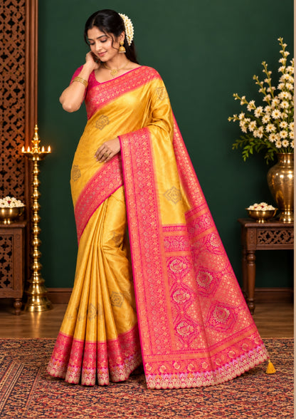 Royal magenta - Gold Raj Virasat silk saree with floral motifs and zari works