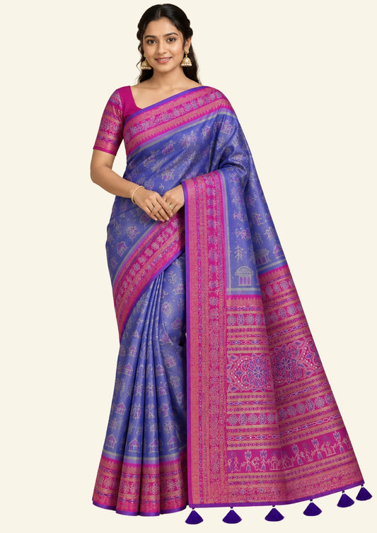 Royal purple and magenta pink Stravi Silk, highlighted with shimmering silver zari detailing.