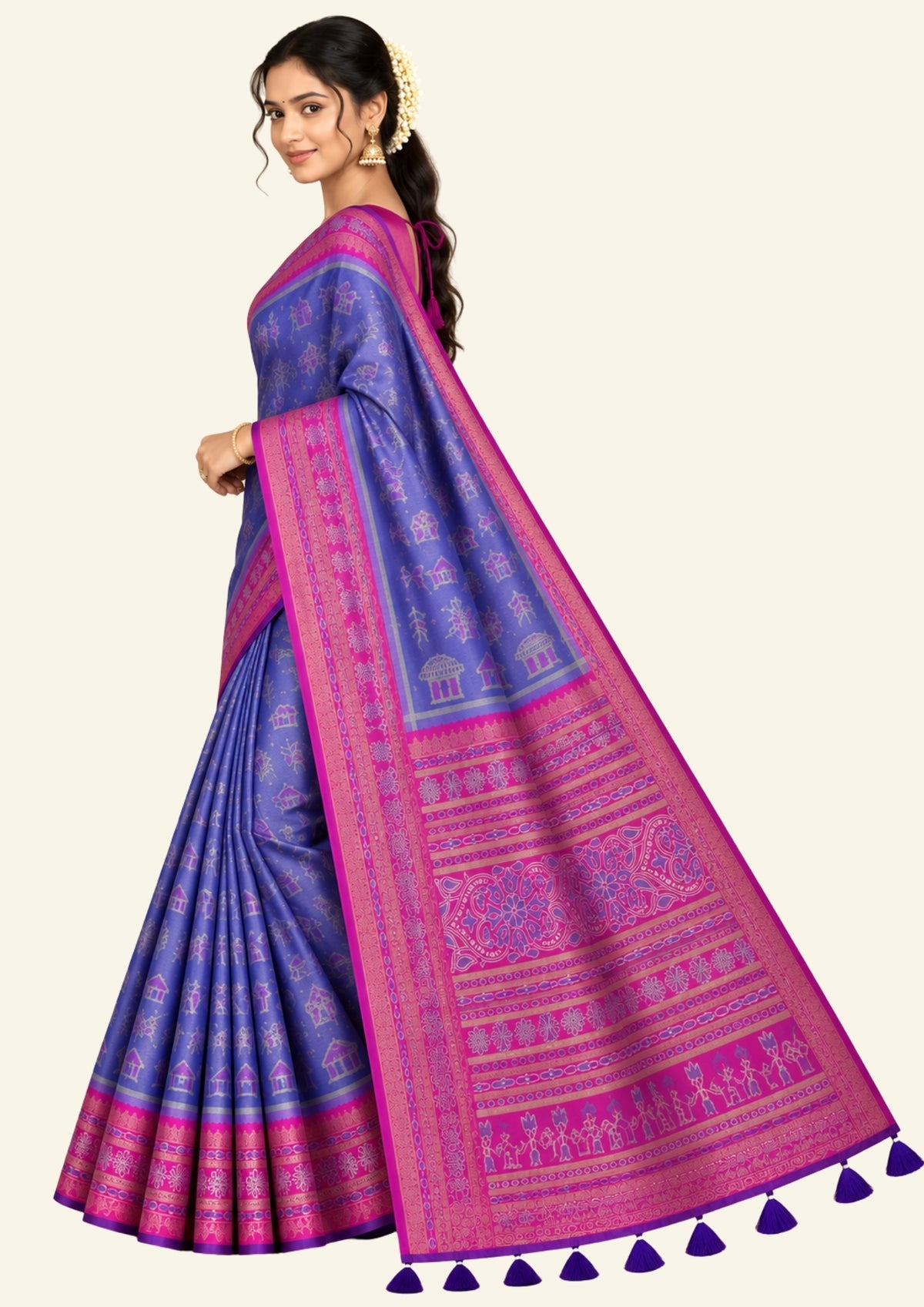 Royal purple and magenta pink Stravi Silk, highlighted with shimmering silver zari detailing.