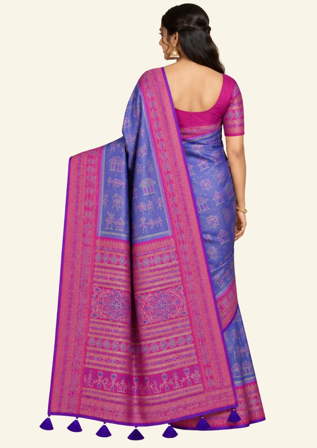 Royal purple and magenta pink Stravi Silk, highlighted with shimmering silver zari detailing.