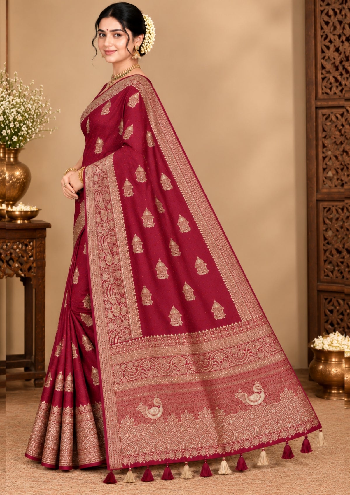 Royal Ratha Banarasi silk in deep maroon red shade, highlighted with rich golden zari motifs and an ornate golden border.