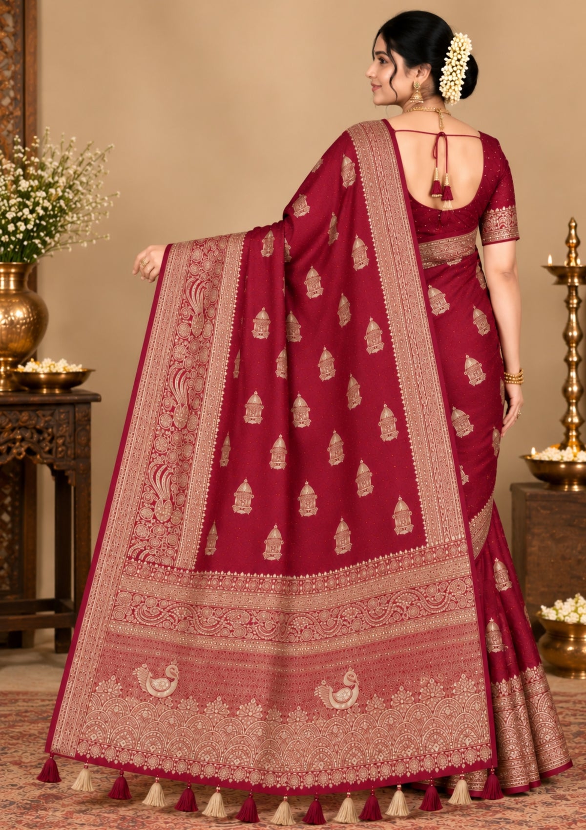 Royal Ratha Banarasi silk in deep maroon red shade, highlighted with rich golden zari motifs and an ornate golden border.