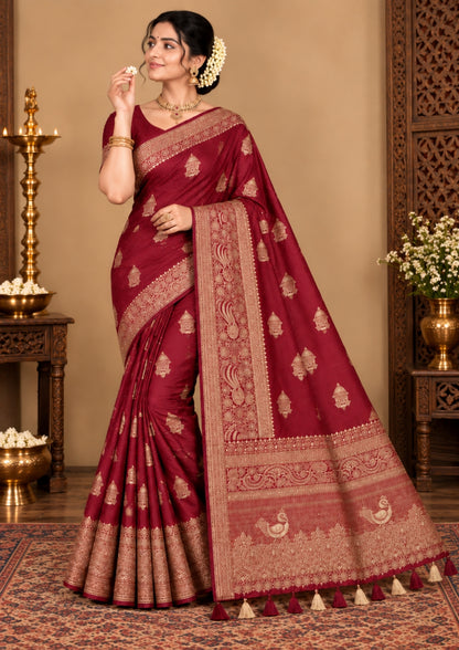 Royal Ratha Banarasi silk in deep maroon red shade, highlighted with rich golden zari motifs and an ornate golden border.