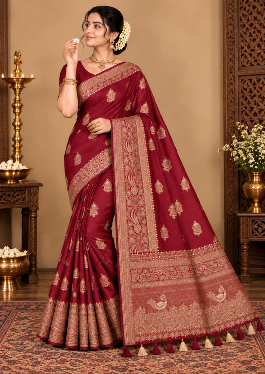 Royal Ratha Banarasi silk in deep maroon red shade, highlighted with rich golden zari motifs and an ornate golden border.