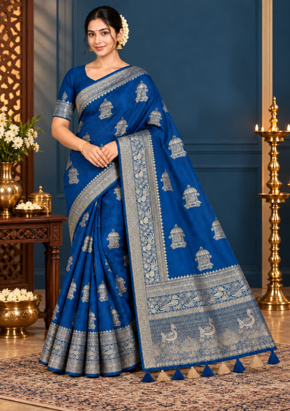 Royal Ratha Banarasi Silk in rich royal blue shade, beautifully complemented with silver zari motifs