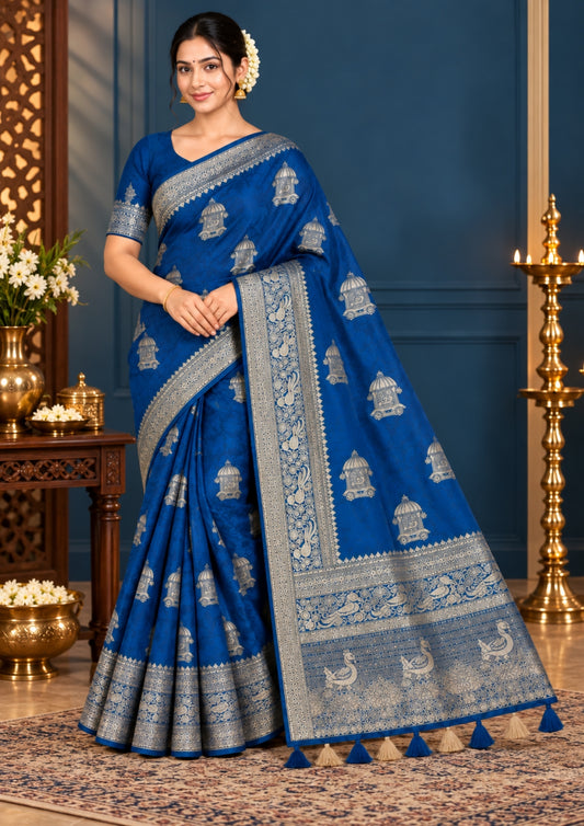 Royal Ratha Banarasi Silk in rich royal blue shade, beautifully complemented with silver zari motifs