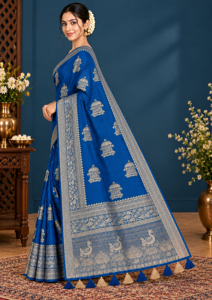 Royal Ratha Banarasi Silk in rich royal blue shade, beautifully complemented with silver zari motifs