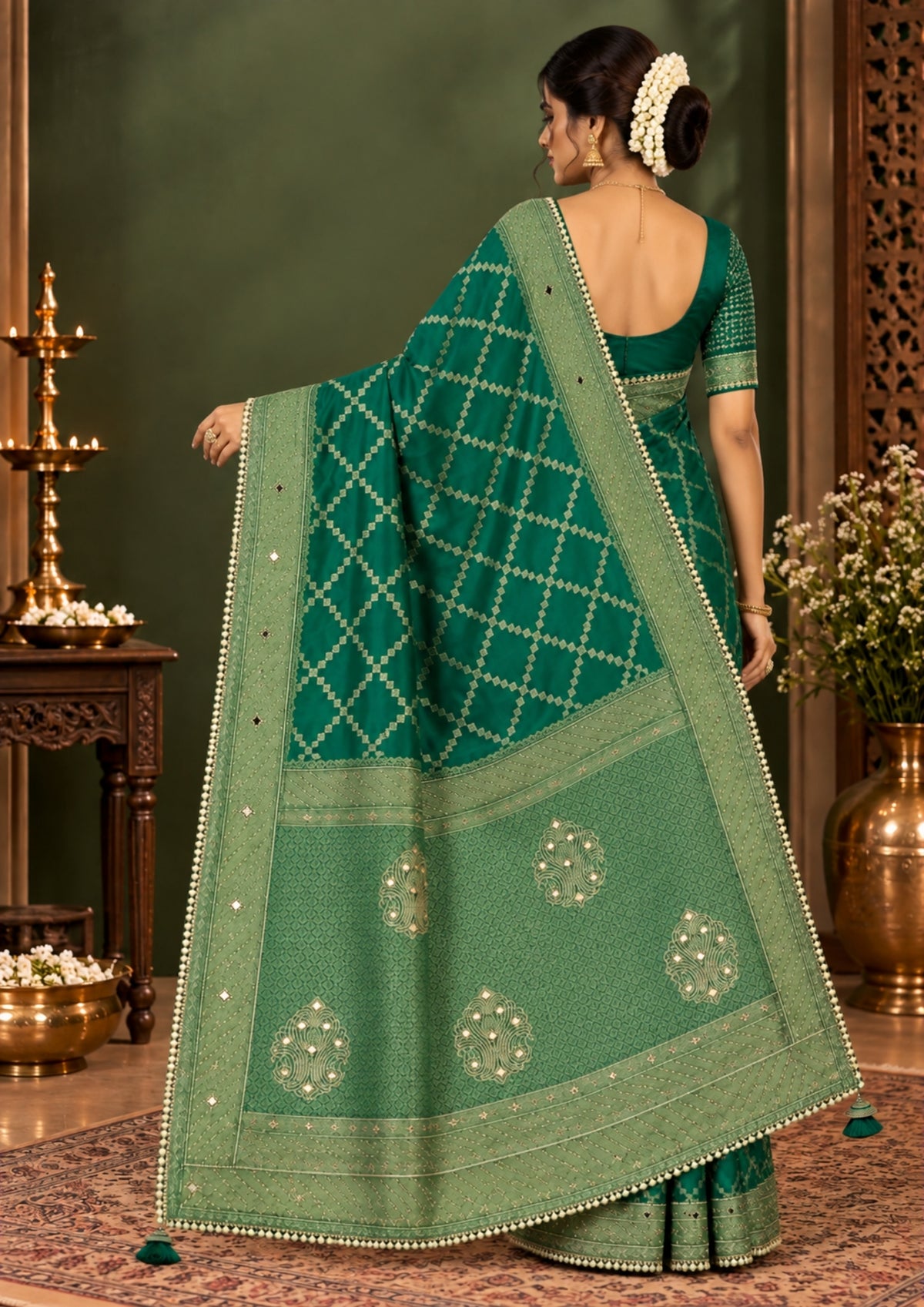 Samrudhi silk saree in vibrant combination of emerald green and lime green with a lustrous Banarasi silk finish.