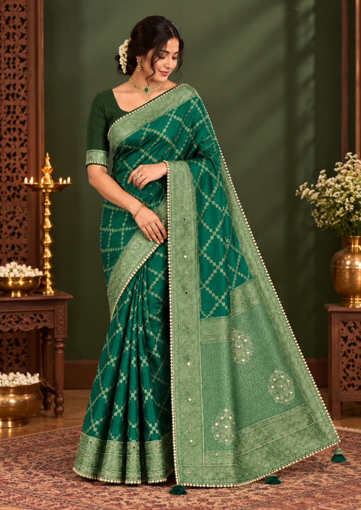 Samrudhi silk saree in vibrant combination of emerald green and lime green with a lustrous Banarasi silk finish.