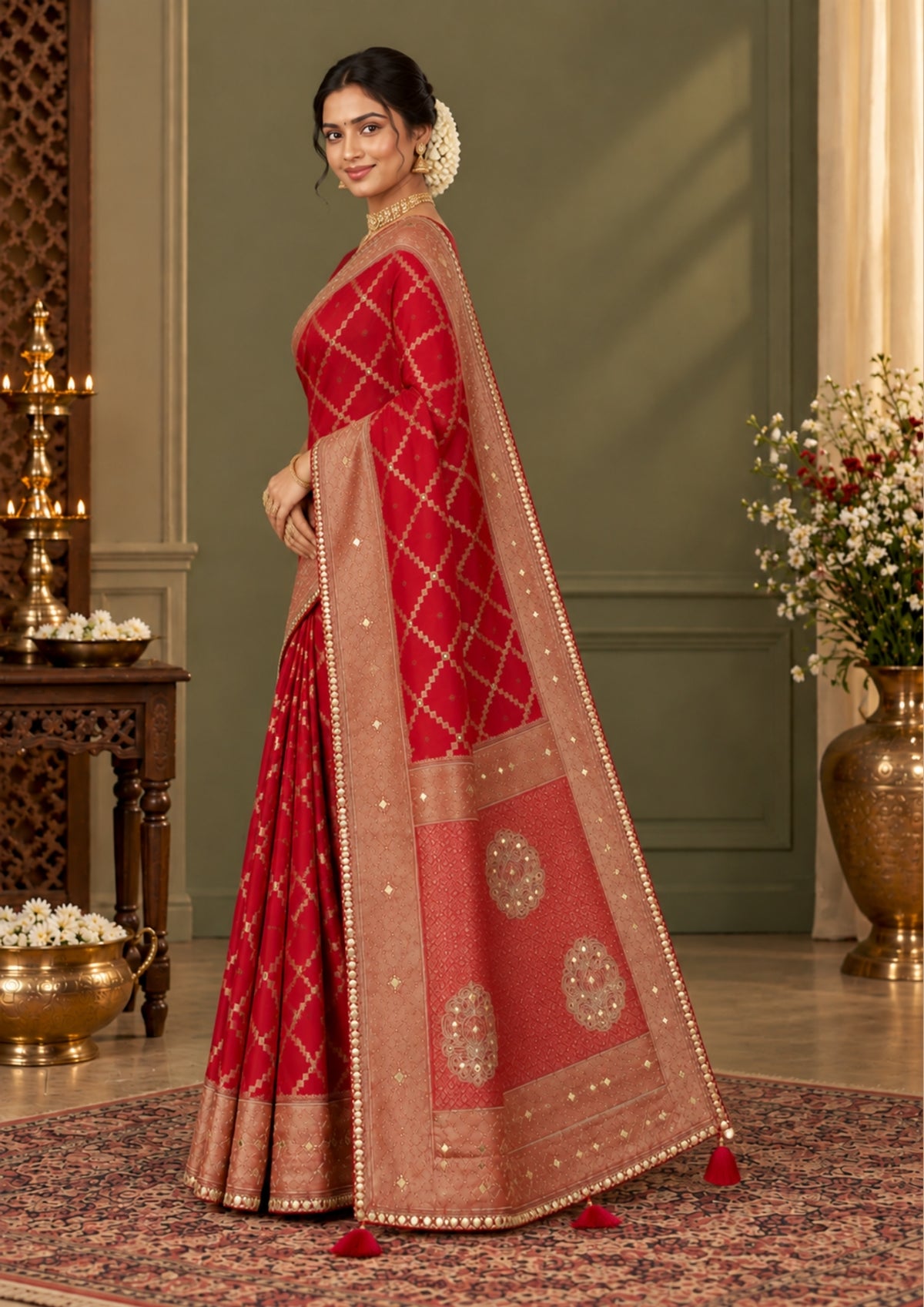 Samrudhi Silk saree in vibrant crimson red with a shimmering copper-toned border.