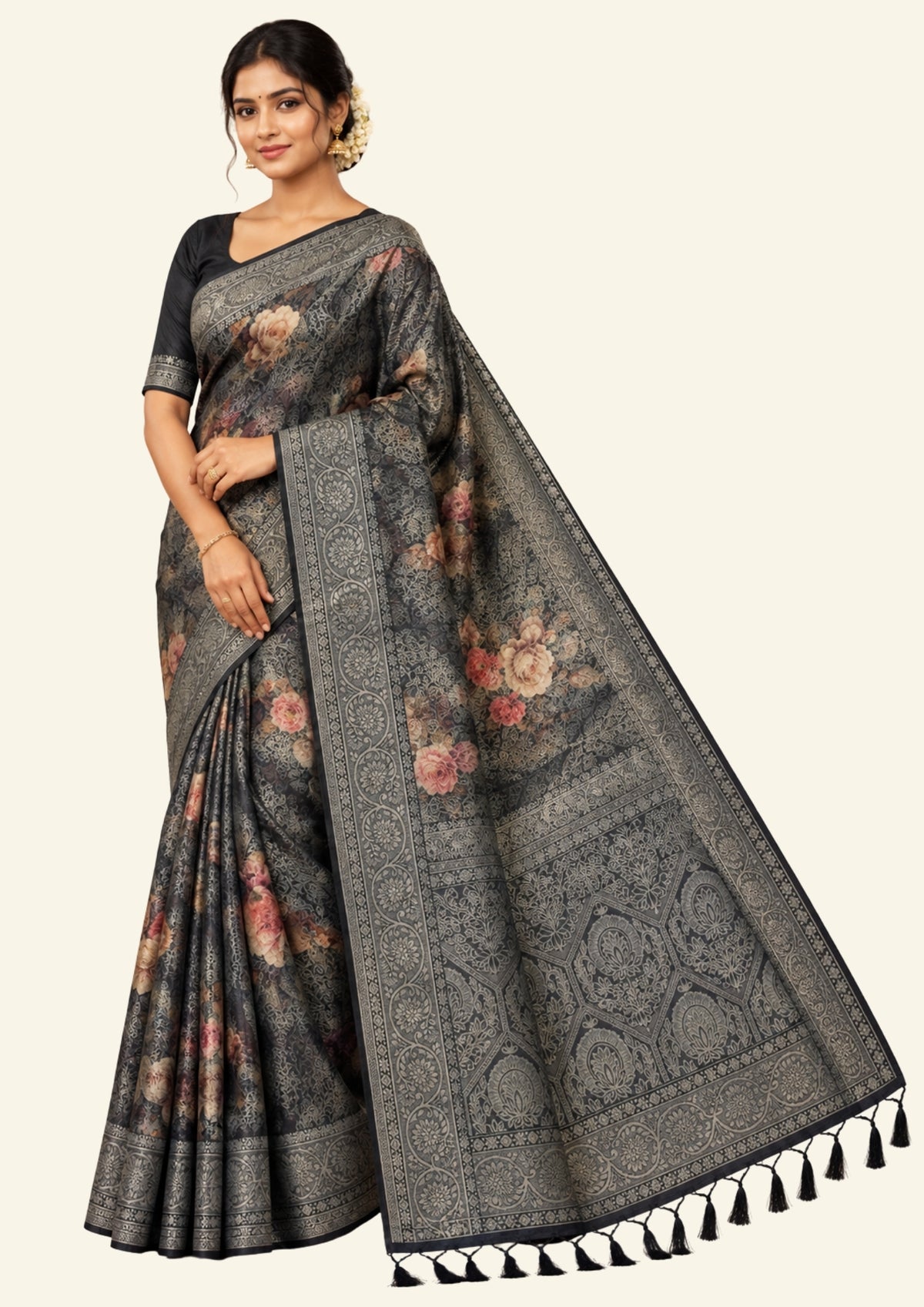 Silk Satin Deep olive green shade with a subtle metallic sheen with black tassel edges
