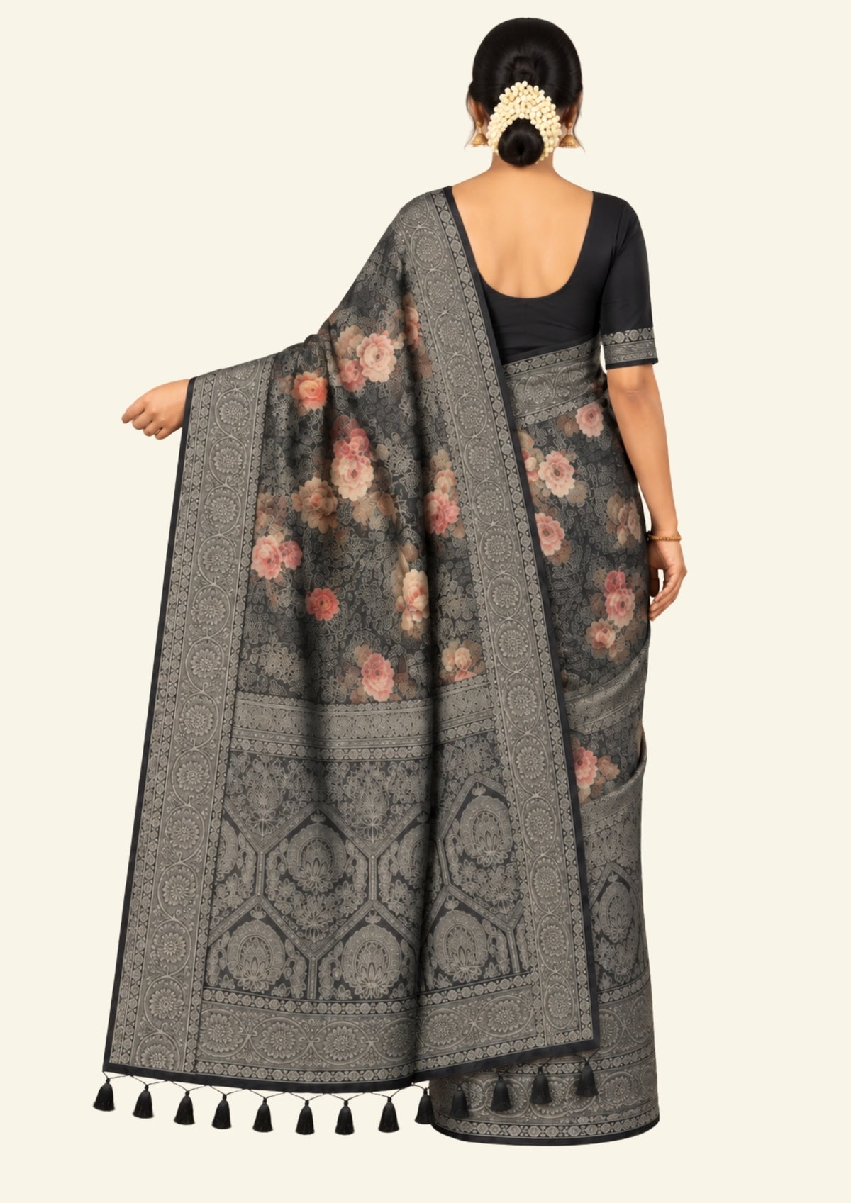 Silk Satin Deep olive green shade with a subtle metallic sheen with black tassel edges