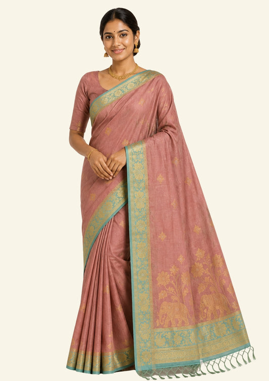 Coral Pink Ambari Silk Saree with Zari works