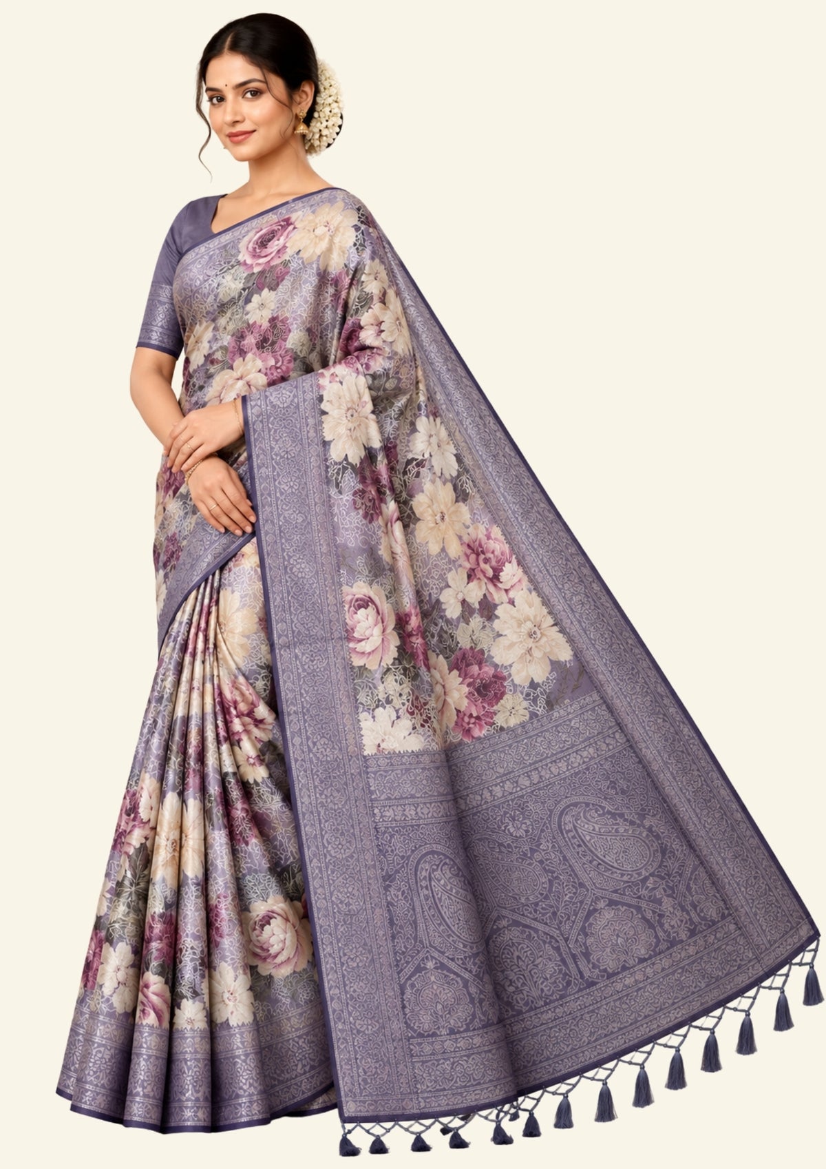 Silk Satin Soft lavender-grey shade with a floral pattern in hues of cream, beige, and deep mauve.