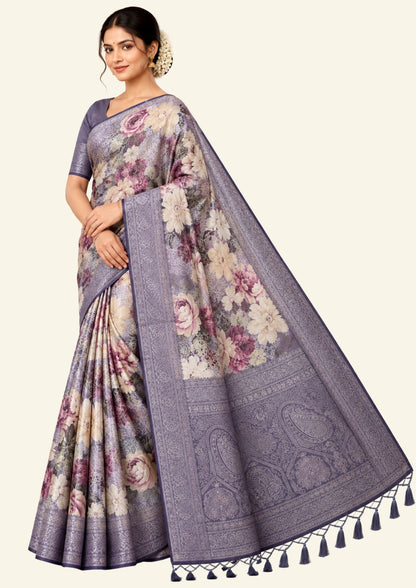 Silk Satin Soft lavender-grey shade with a floral pattern in hues of cream, beige, and deep mauve.