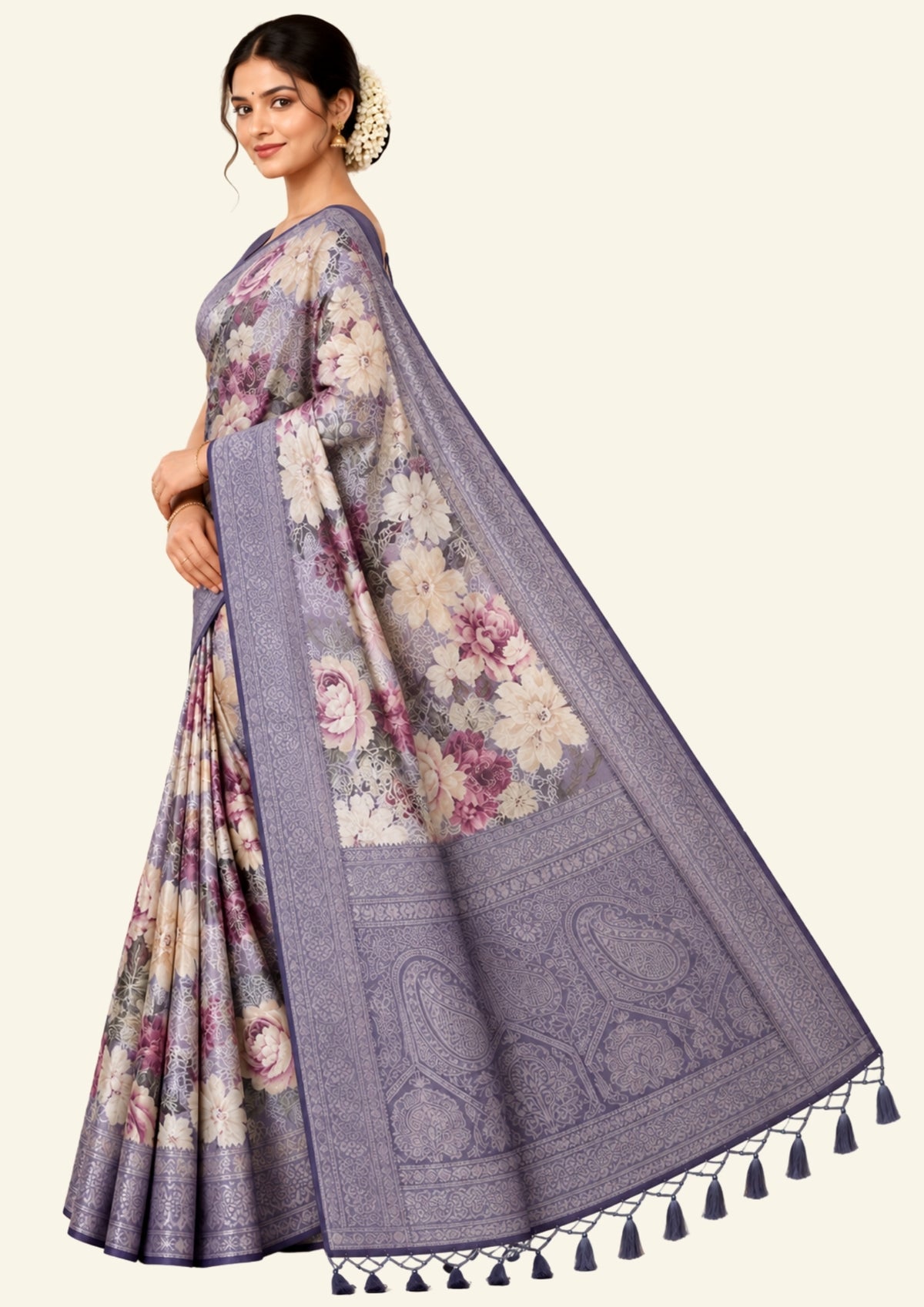 Silk Satin Soft lavender-grey shade with a floral pattern in hues of cream, beige, and deep mauve.