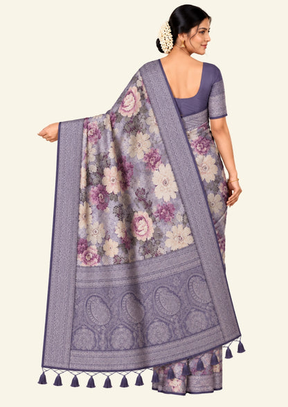 Silk Satin Soft lavender-grey shade with a floral pattern in hues of cream, beige, and deep mauve.