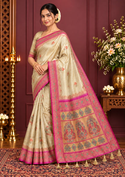 Silk Tulasi in Golden Beige Base with a Vibrant Pink border