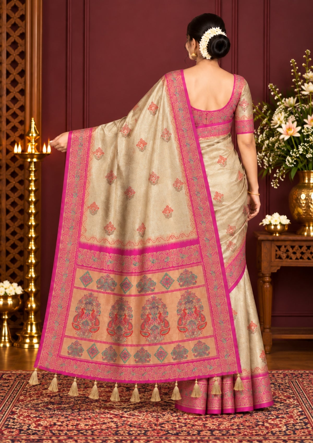 Silk Tulasi in Golden Beige Base with a Vibrant Pink border