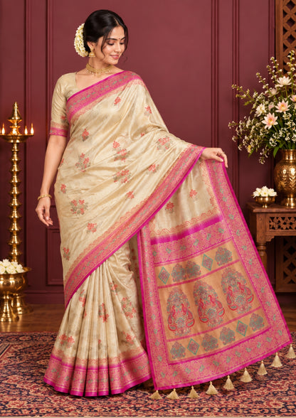 Silk Tulasi in Golden Beige Base with a Vibrant Pink border